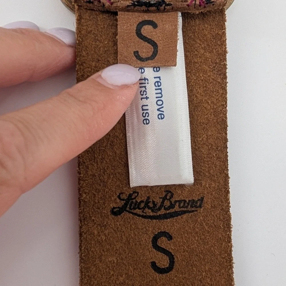 Lucky Brand Embroidered Leather Belt Womens S Brown Boho Brass Buckle 90s Y2K